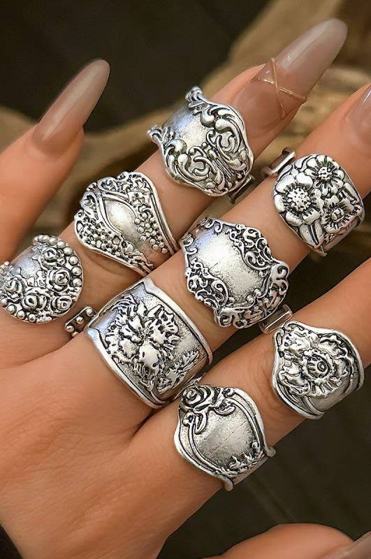 VINTAGE BOHO FLORAL STATEMENT PACK OF 8 RINGS | 40R128-Pack