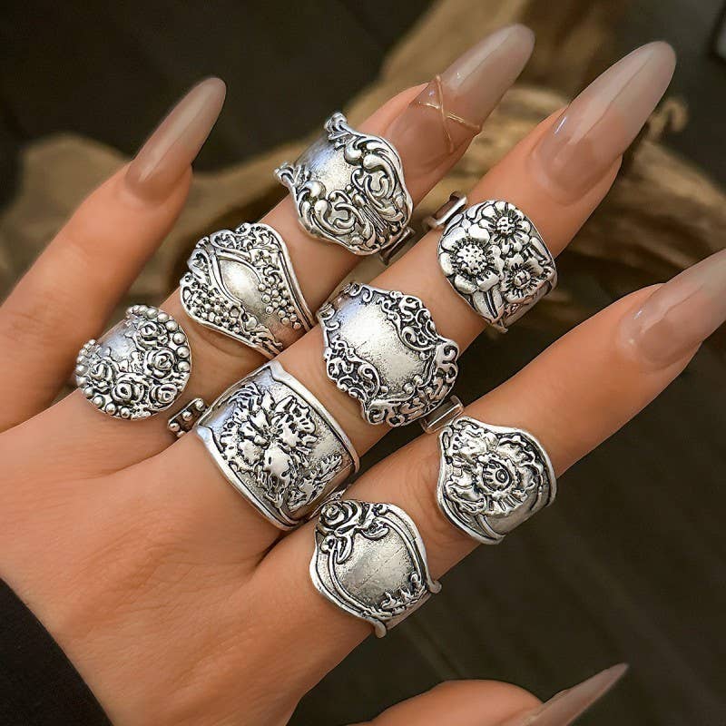 VINTAGE BOHO FLORAL STATEMENT PACK OF 8 RINGS | 40R128-Pack