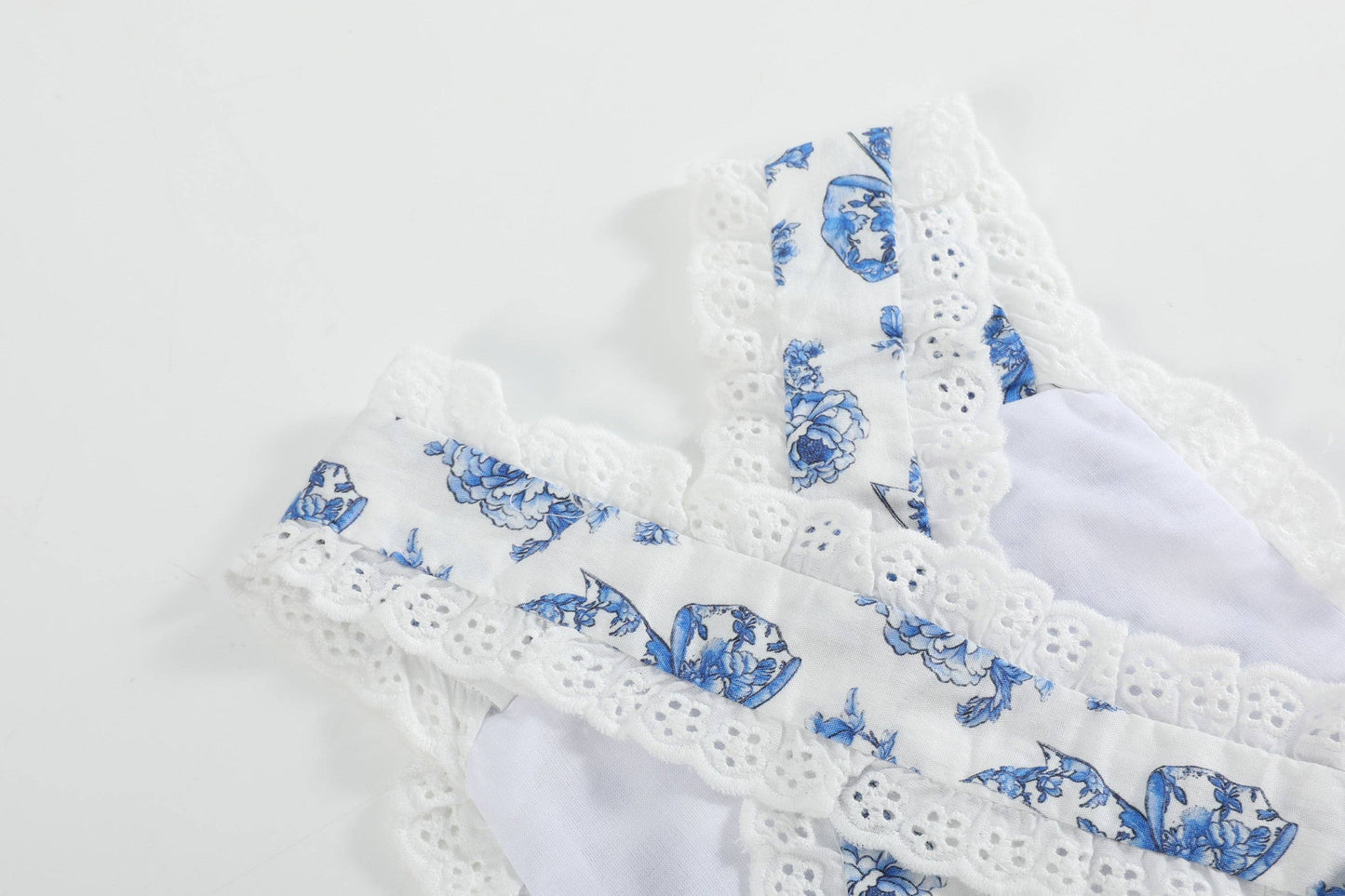 Blue and White Print Apron Ruffle Romper