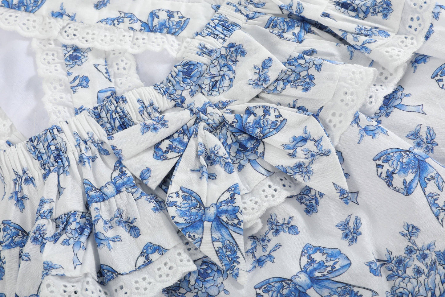 Blue and White Print Apron Ruffle Romper