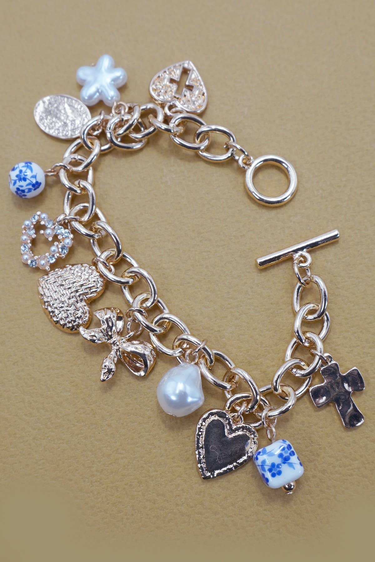 CERAMIC PORCELAIN HEART BOW PEARL CHARM BRACELET | 80B1342