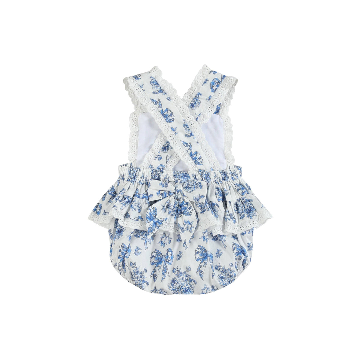 Blue and White Print Apron Ruffle Romper