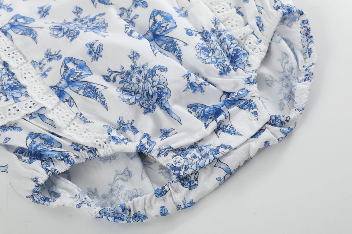 Blue and White Print Apron Ruffle Romper