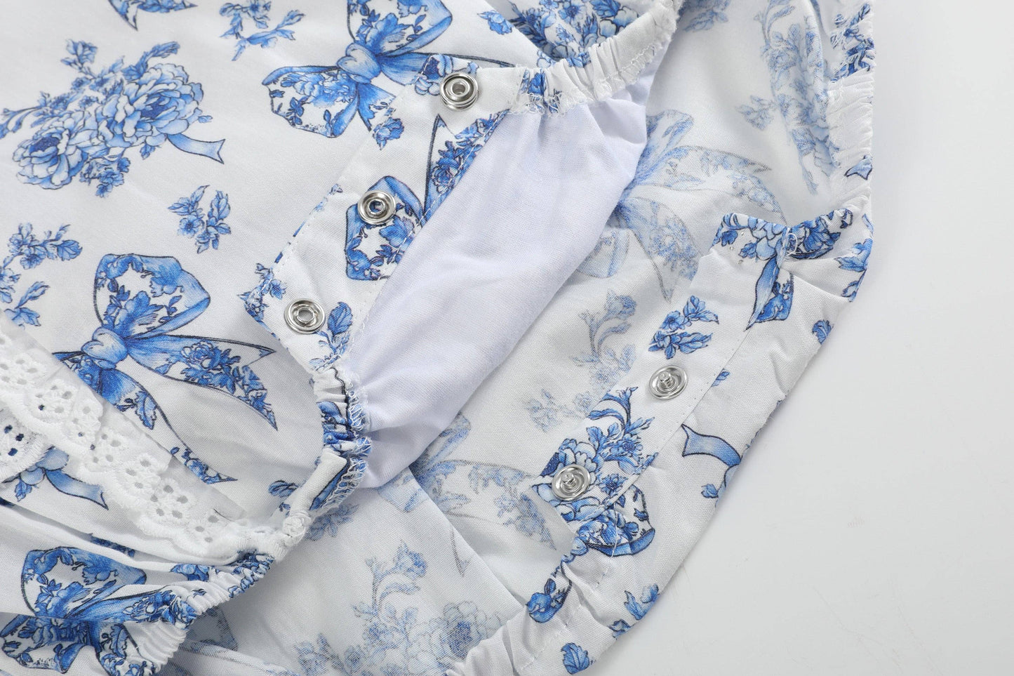 Blue and White Print Apron Ruffle Romper