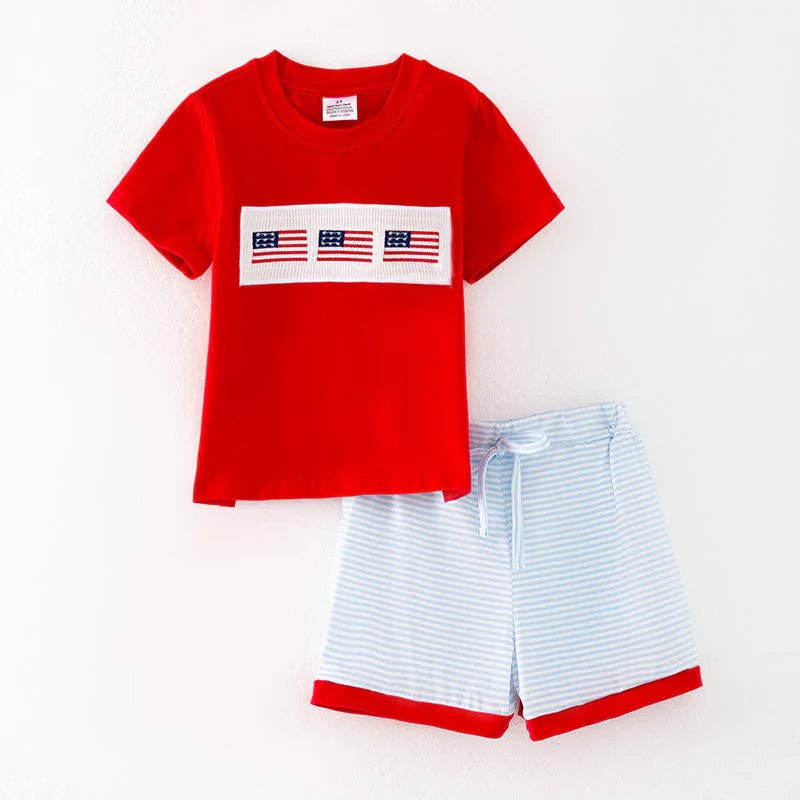 Boys July 4th Flag Smocked Embroidered Short Set