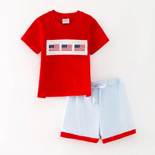Boys July 4th Flag Smocked Embroidered Short Set