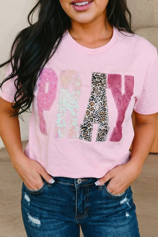 Pray Sequin Leopard Graphic Tee