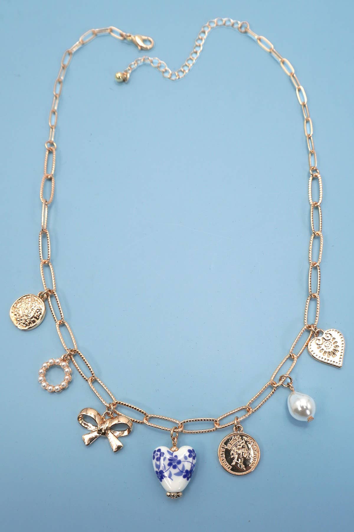 CERAMIC PORCELAIN BOW HEART CHARM LINK NECKLACE | 80N91547