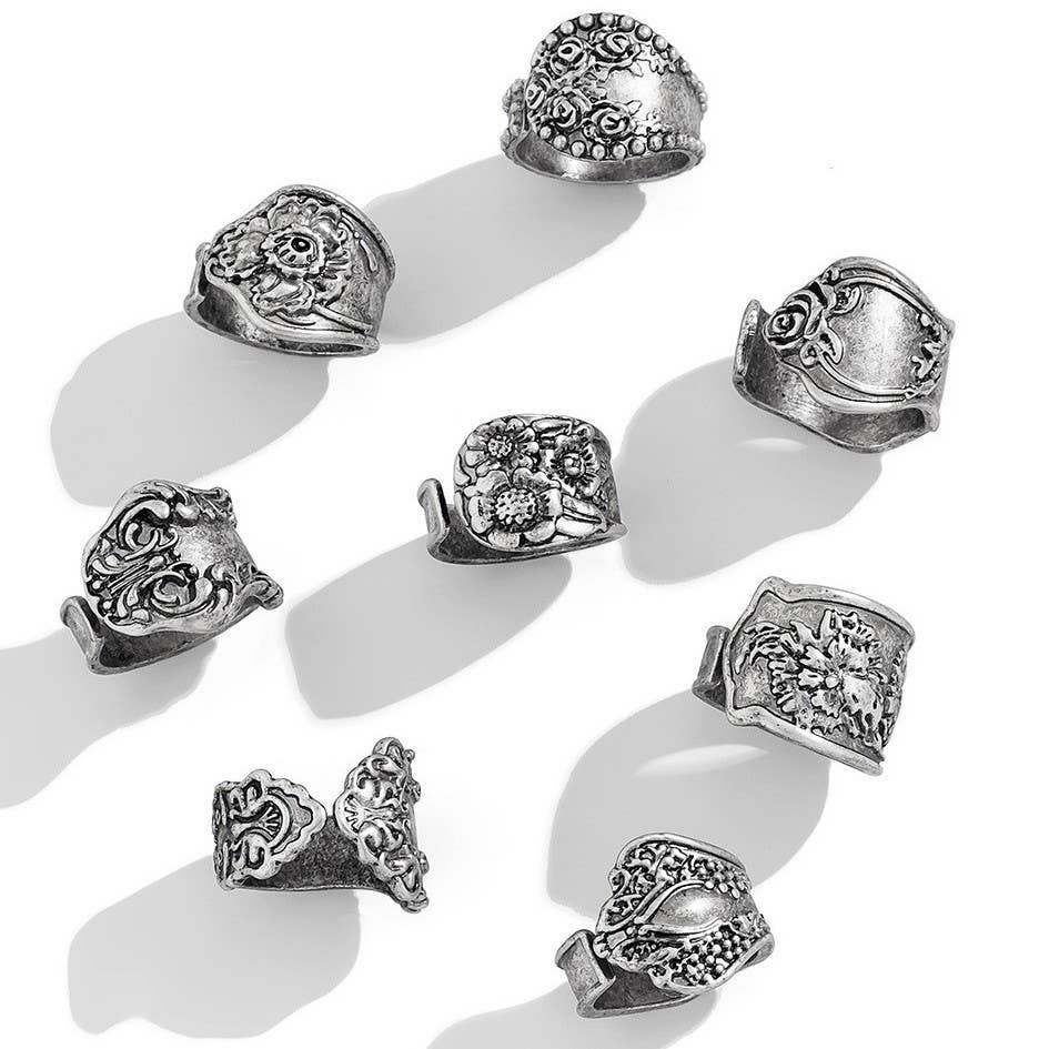 VINTAGE BOHO FLORAL STATEMENT PACK OF 8 RINGS | 40R128-Pack