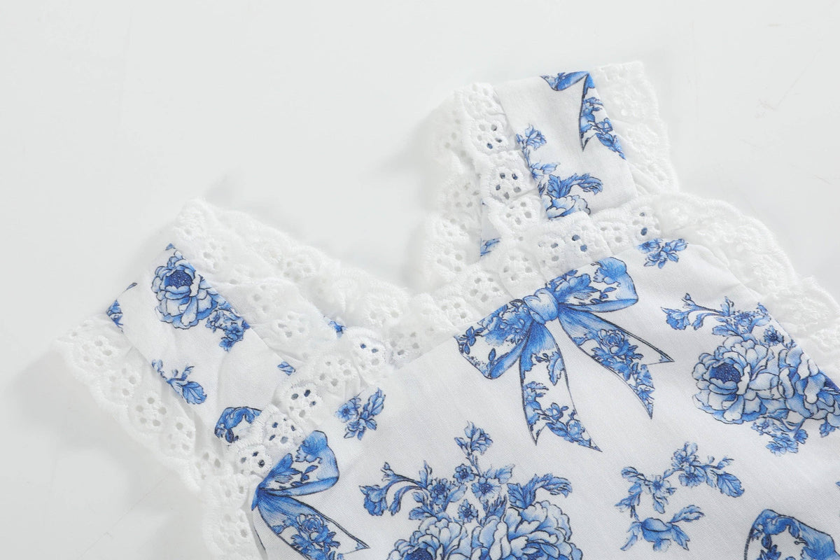 Blue and White Print Apron Ruffle Romper