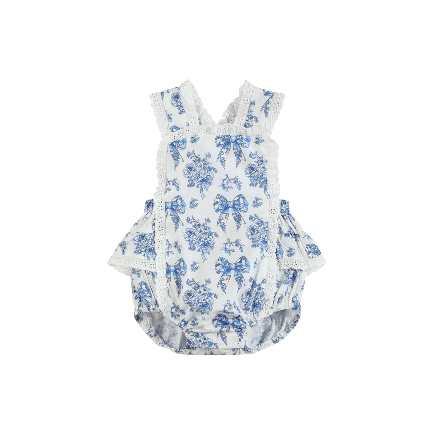 Blue and White Print Apron Ruffle Romper