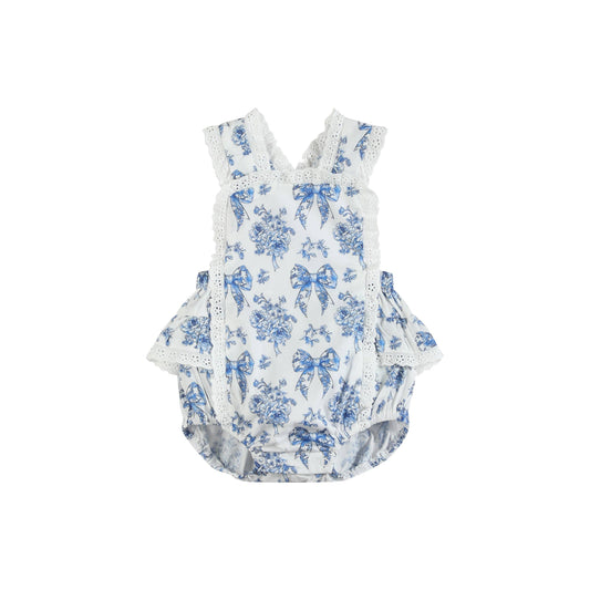 Blue and White Print Apron Ruffle Romper